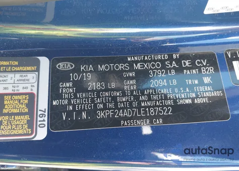 2020 Kia Forte Lxs z USA, uszkodzony, nr VIN 3KPF24AD7LE187522